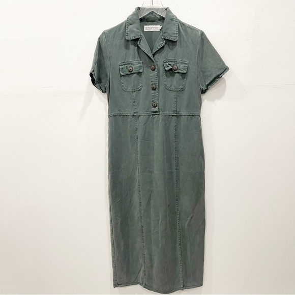 Action Wear USA Military Green Midi Dress Side Slit Small Button Front - Picture 2 of 9